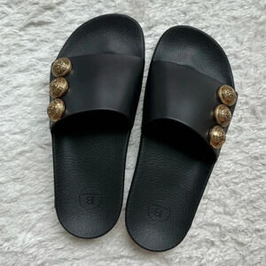 New in Box Balmain Symi Slided Leather Button Shoes Sandals Smooth Black Gold